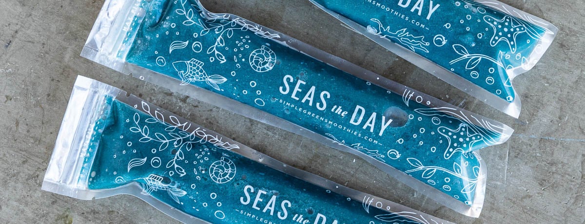 3 blue homemade popsicles in plastic sleeves that say seas the day.