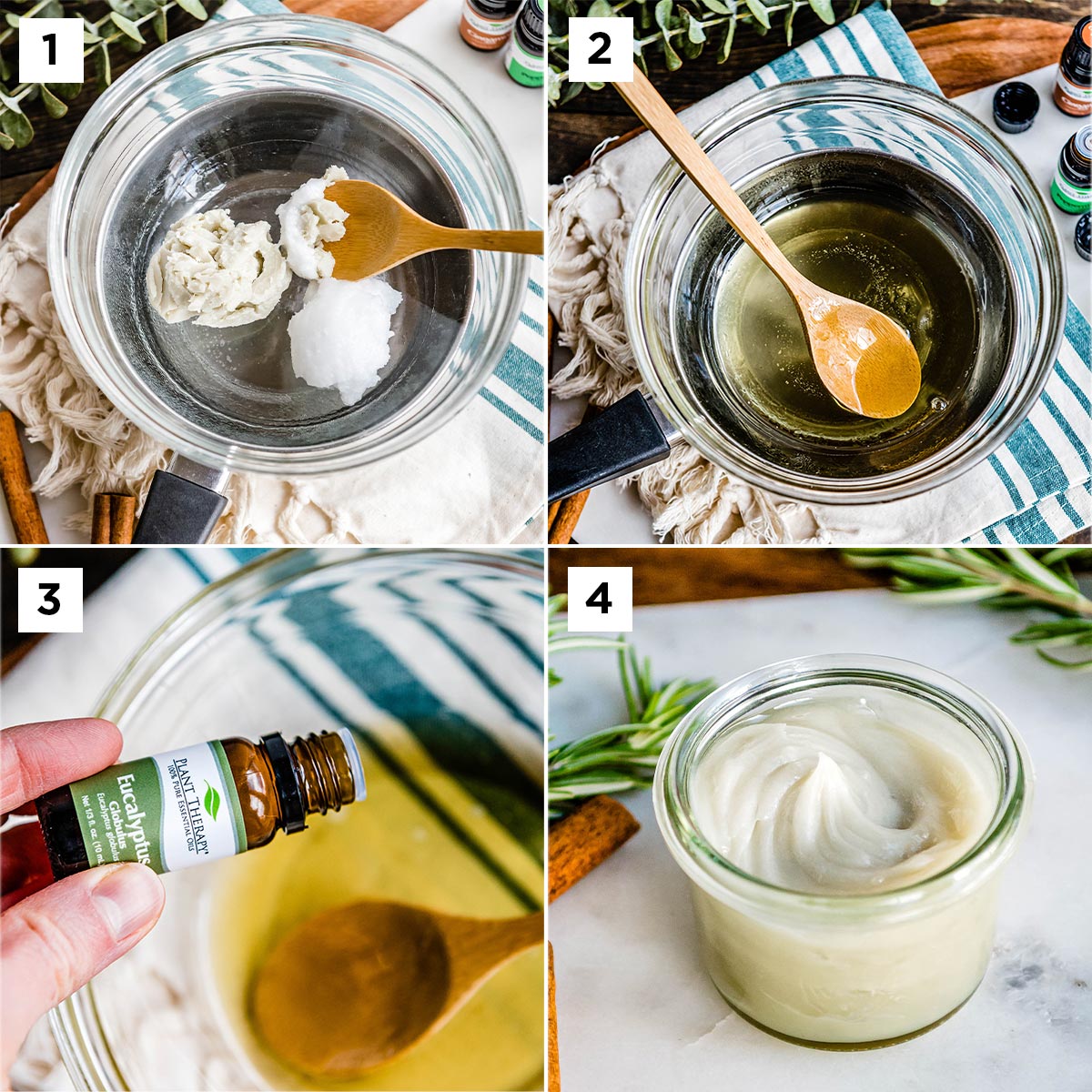 steps to make homemade vapor rub including melting down coconut oil and shea butter in a heat safe bowl, then adding essential oils and finally storing in a glass jar.