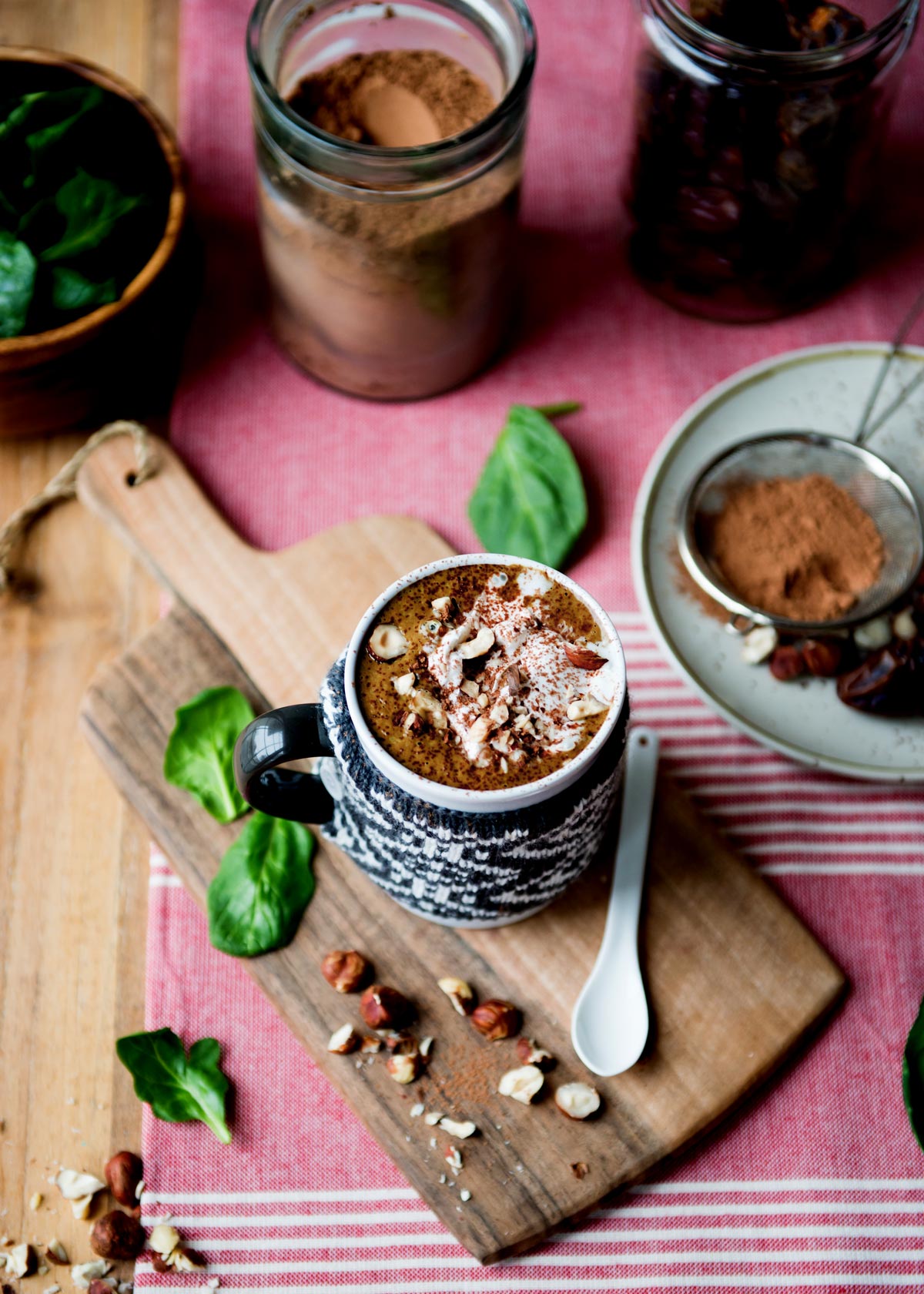 Hot chocolate smoothie ingredients on table