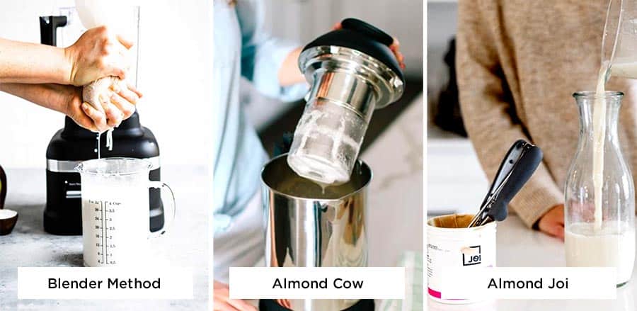 3 ways of making homemade plant-based milk including straining through a cheesecloth after blending, using an Almond Cow and finally mixing up some Almond Joi.
