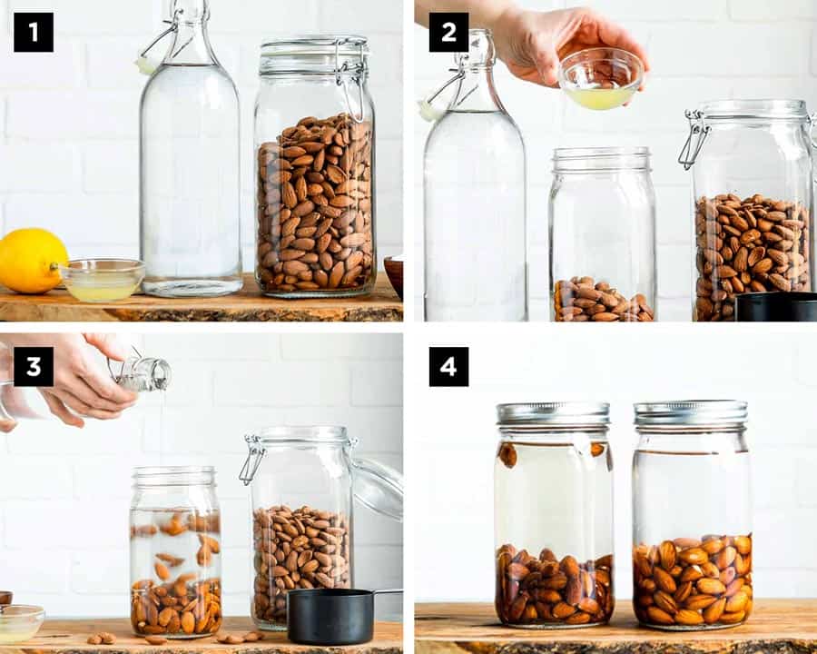 steps to soaking almonds for homemade nut milk including placing almonds in a jar, pouring over fresh lemon juice and filling the jar with water to soak.