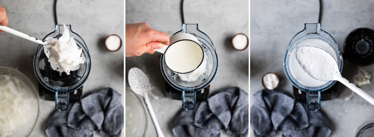 blending coconut flakes and water in a blender until thick and creamy.