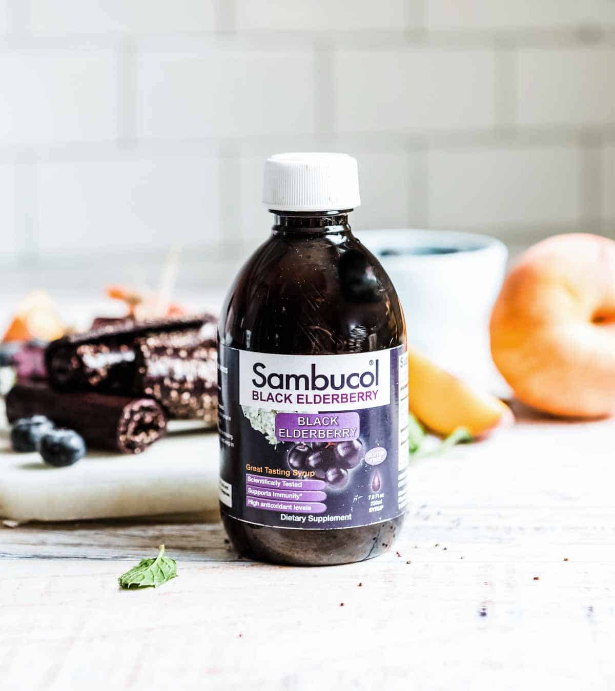 immune boosting elderberry syrup by Sambucol.