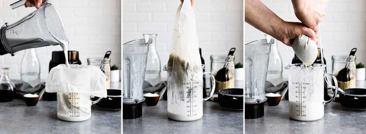 straining the pulp from homemade milk into a glass beaker.