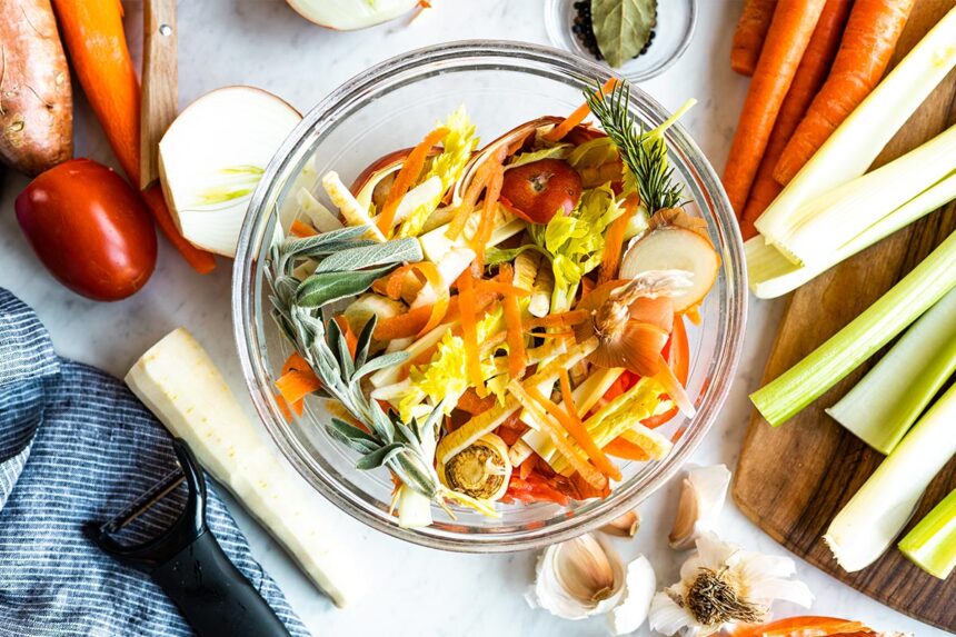 Bowl of vegetable scraps and carrot peels to make homemade vegetable stock.