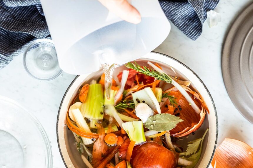 Pouring water on top of vegetable scraps to make stock.