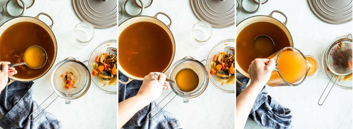 steps on how to make vegetable stock by straining cooked vegetable scraps into a glass bowl, then using a liquid measuring cup to pour stock into a glass mason jar.