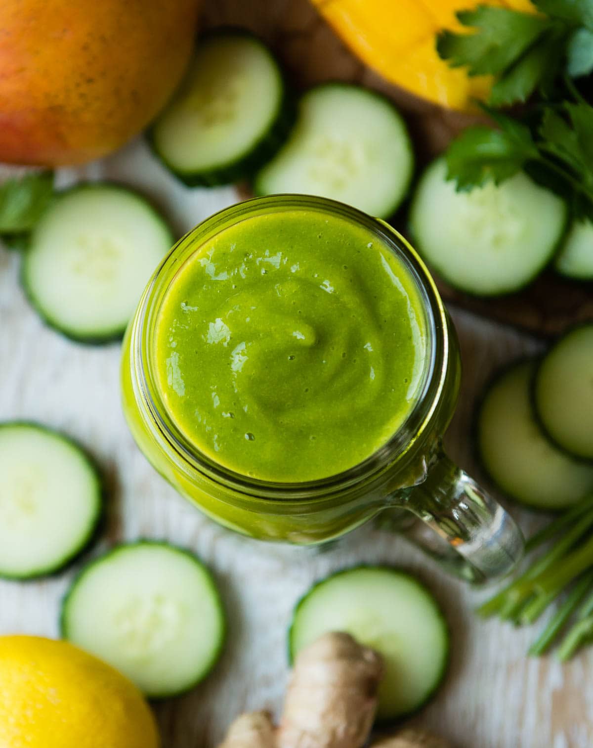 overhead photo of a green smoothie