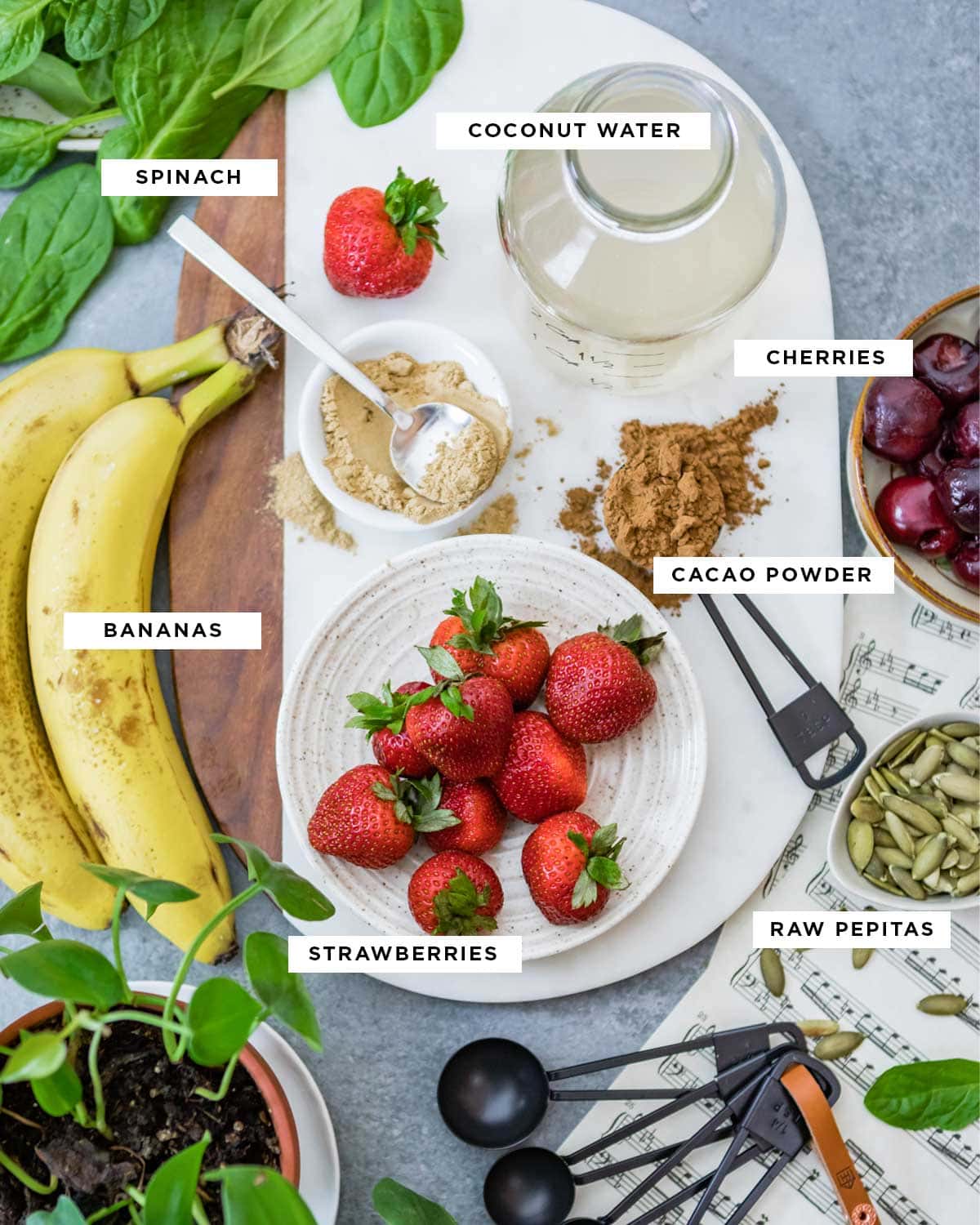 list of iron rich foods in this iron-rich smoothie bowl including coconut water, cherries, cacao powder, bananas, strawberries and pepitas.