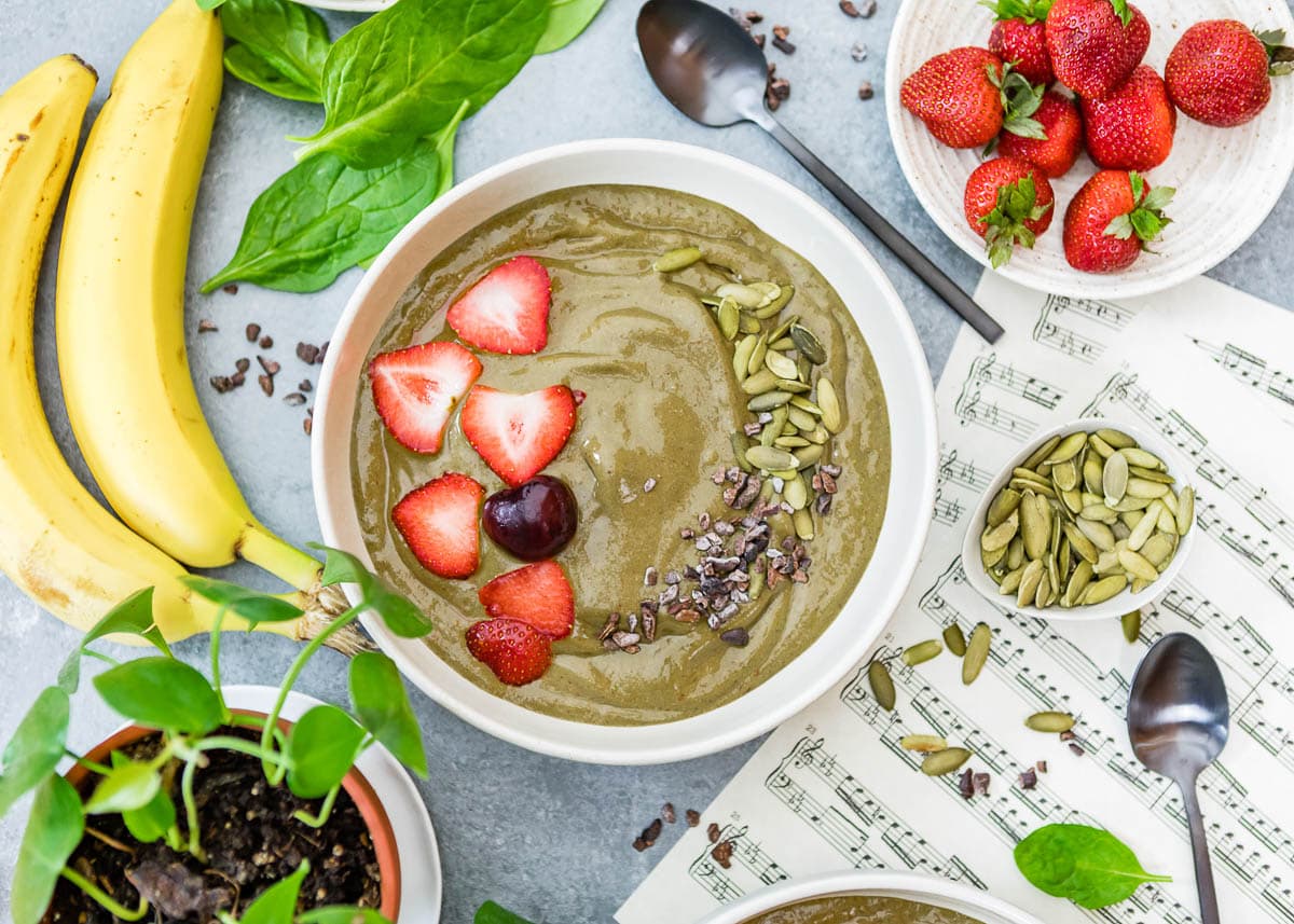 smoothie bowl made with fresh, whole food ingredients like strawberries, banana and pepitas.