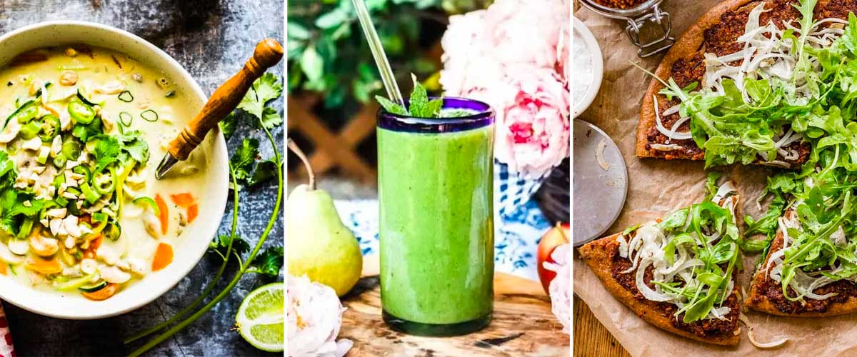3 photos of recipes high in iron including Thai Coconut Soup, a green smoothie and a Quinoa Pizza.