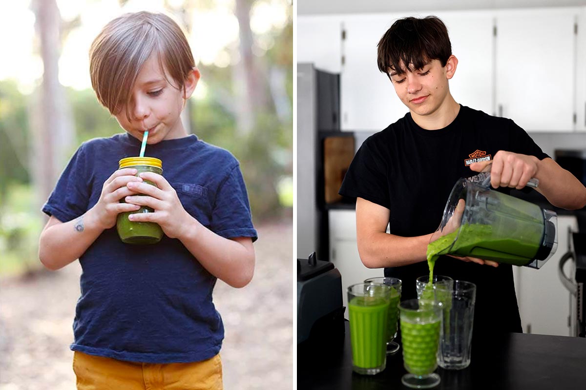 Teenage boy pouring green smoothie recipe from blender into glass.