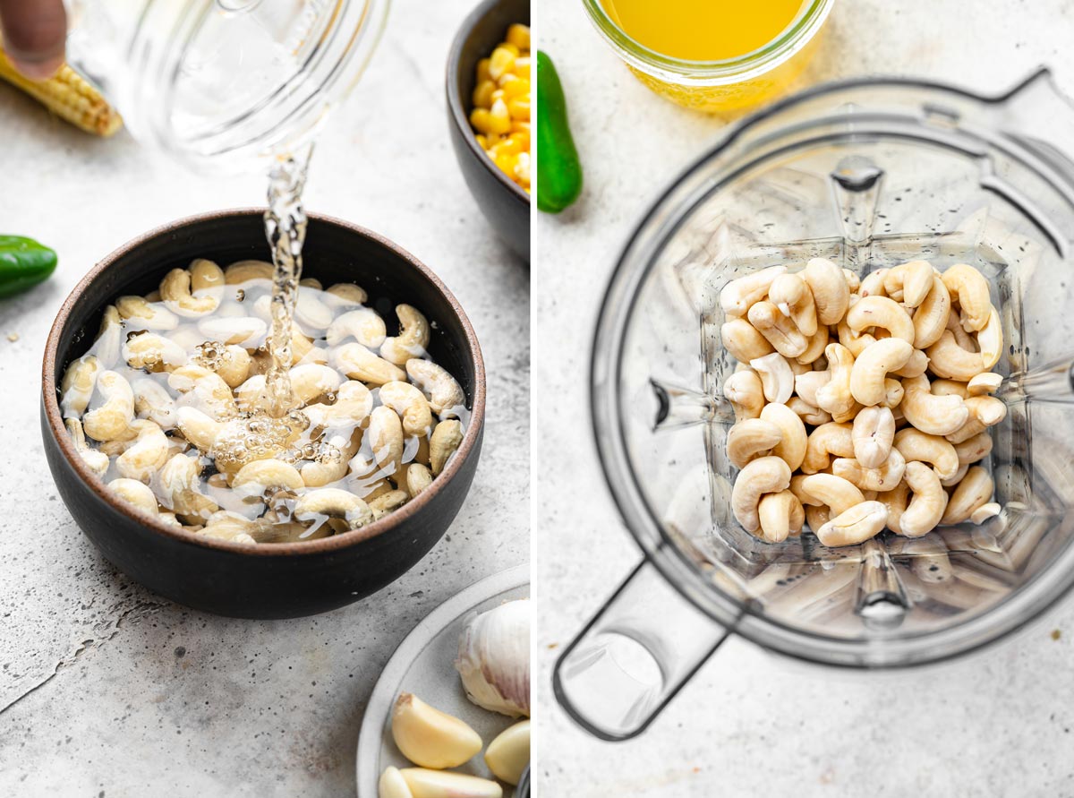 Cashews in a wood bowl with water being poured on them next to a blender.