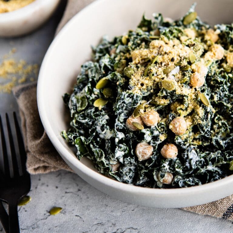 kale caesar salad with garlic lemon aioli.