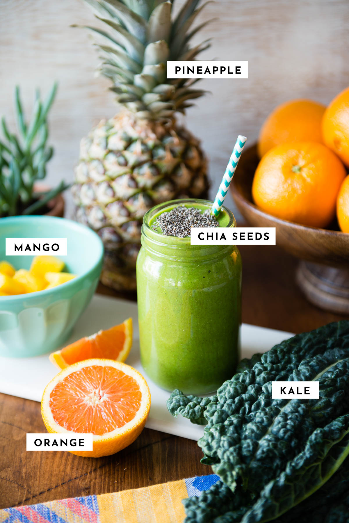 Labeled ingredients for making a kale smoothie recipe