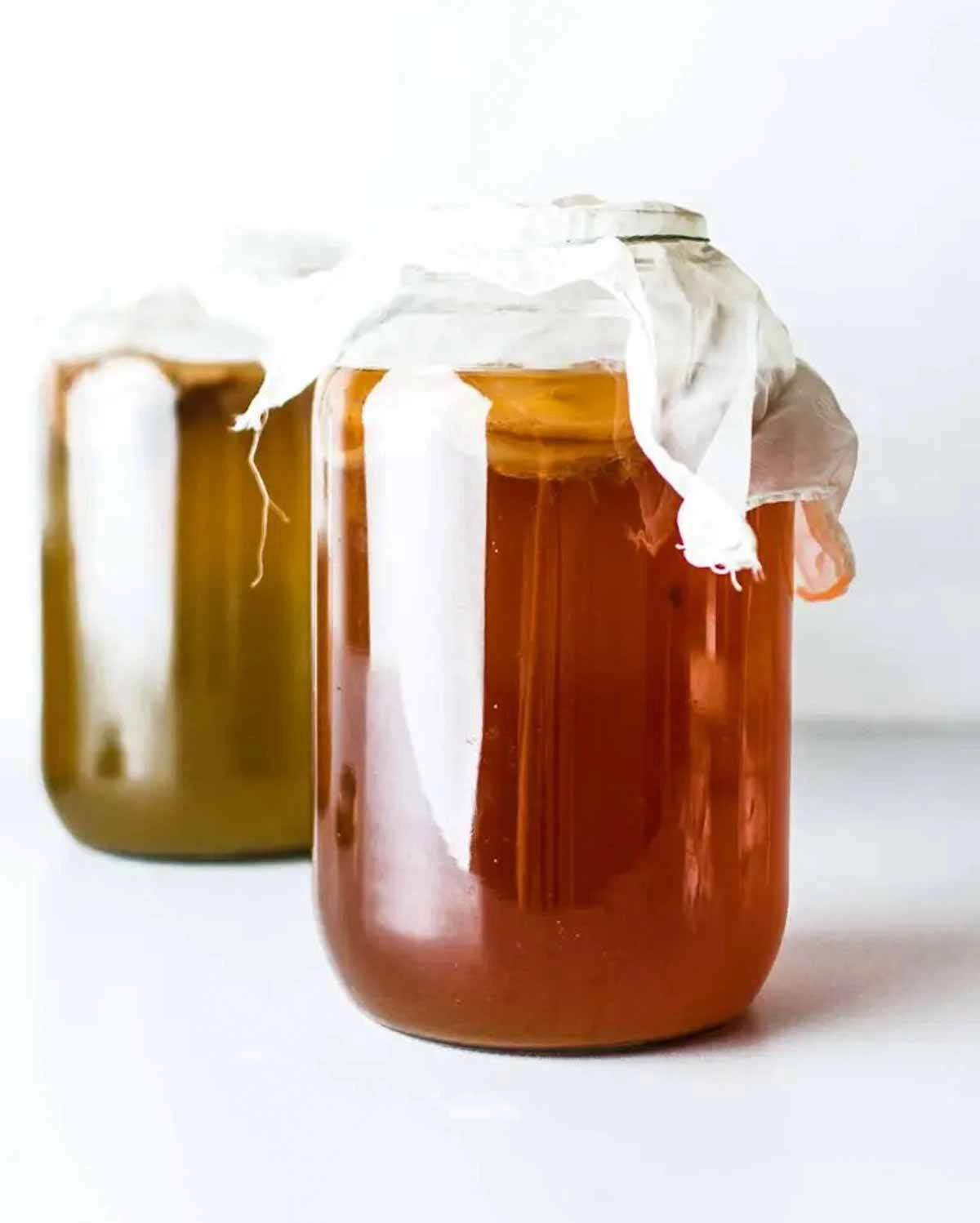 2 glass jars of homemade kombucha covered with cheese cloth.