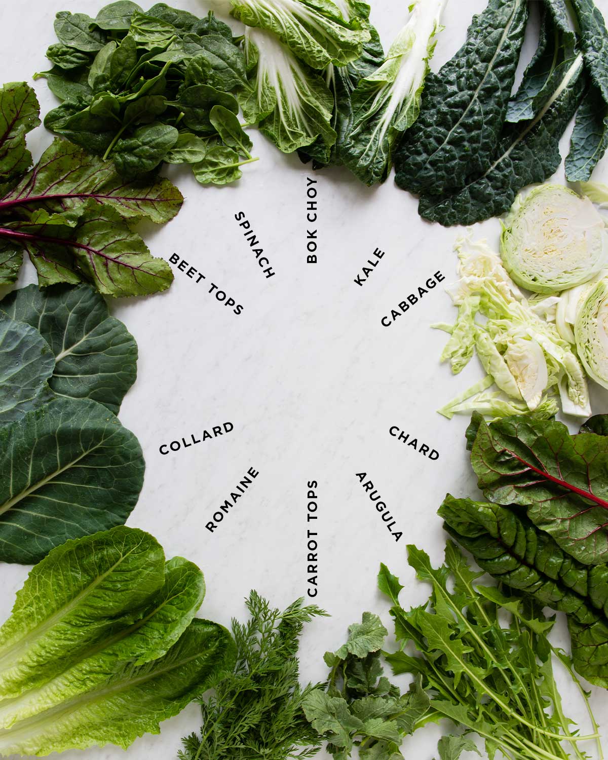 dark leafy greens in a circle with labels in the center including bok choy, kale, cabbage, chard, arugula, carrot tops, romaine, collard, beet tops and spinach.