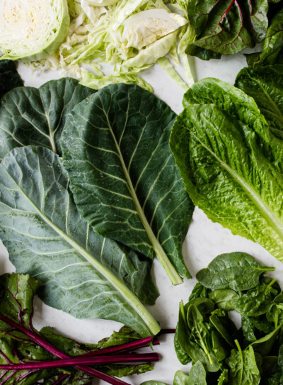 several kinds of leafy greens like lettuce, Swiss chard, spinach and Brussels sprouts.