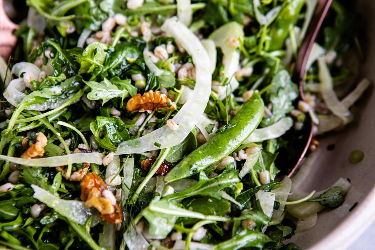 best arugula salad with walnuts, snap peas and fennel.