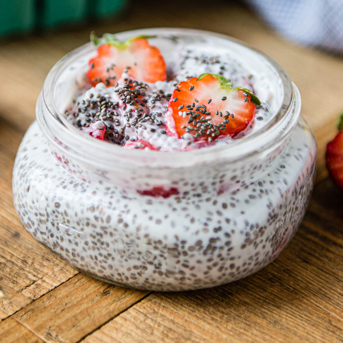 Small jar of strawberry lemon chia pudding.