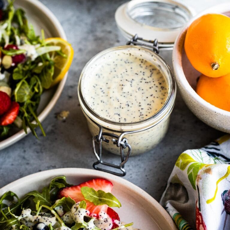 lemon vinaigrette for salad in a glass jar.