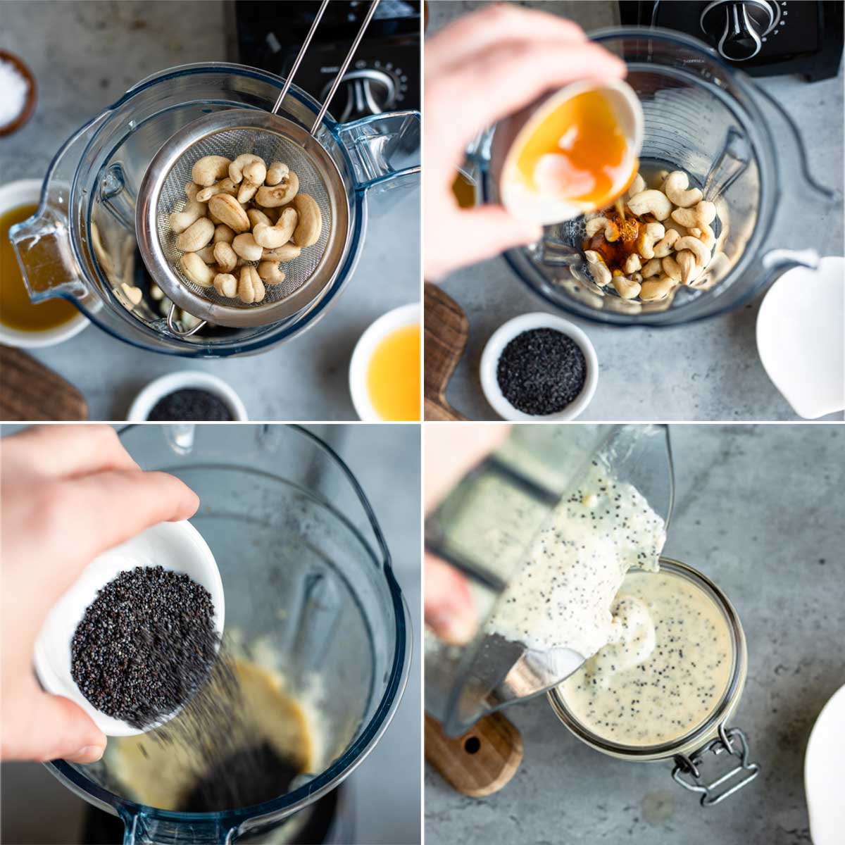 lemon vinaigrette recipe steps starting with pouring ingredients into a blender container, blending then pouring the dressing into a glass jar.