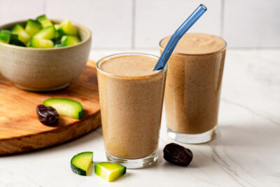 Low calorie smoothie with blue straw