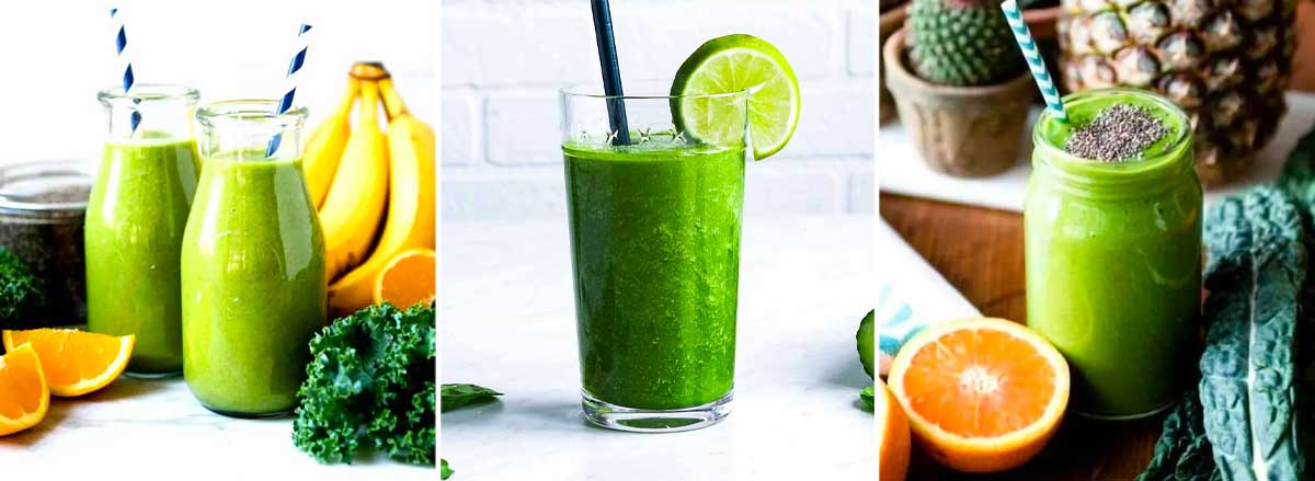 photos of 3 green smoothies using tropical ingredients