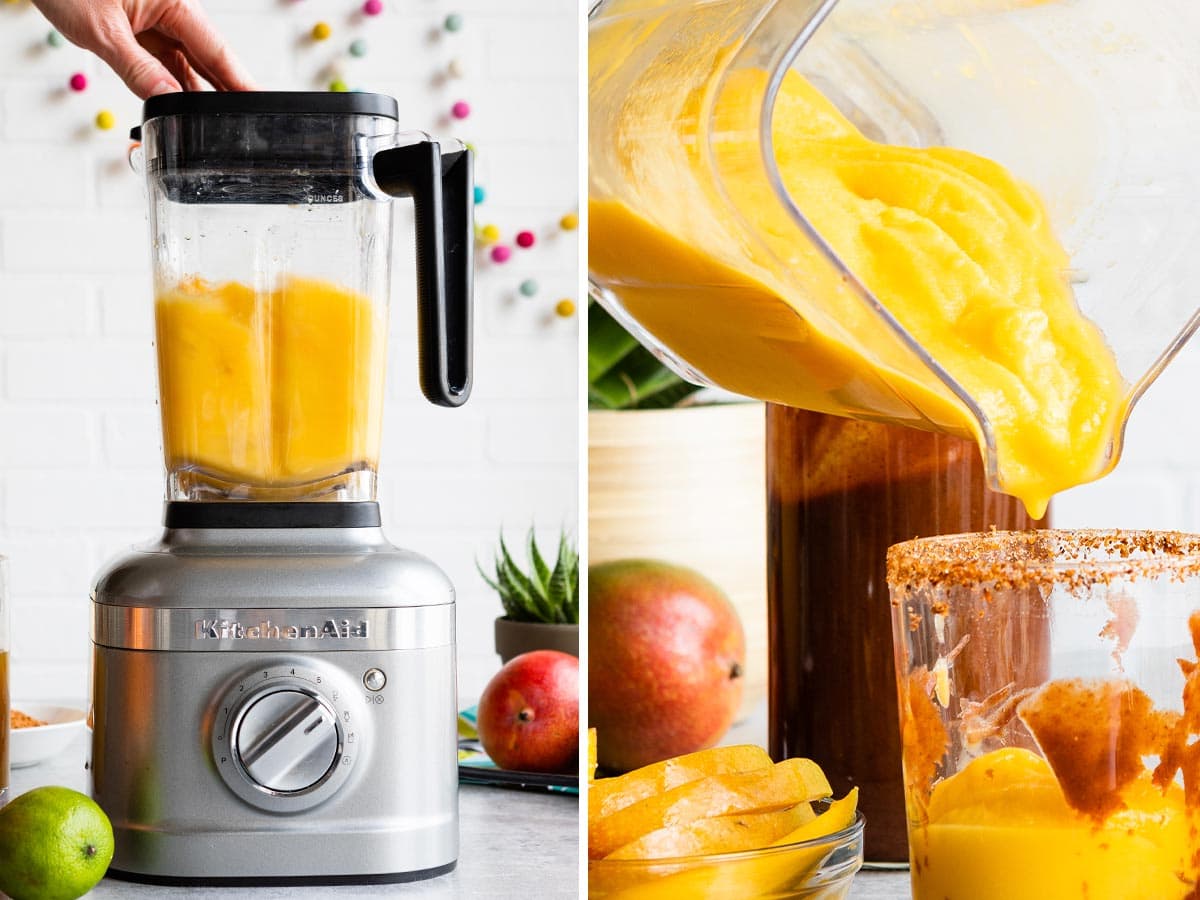 pouring ingredients + blending mango lime smoothie.