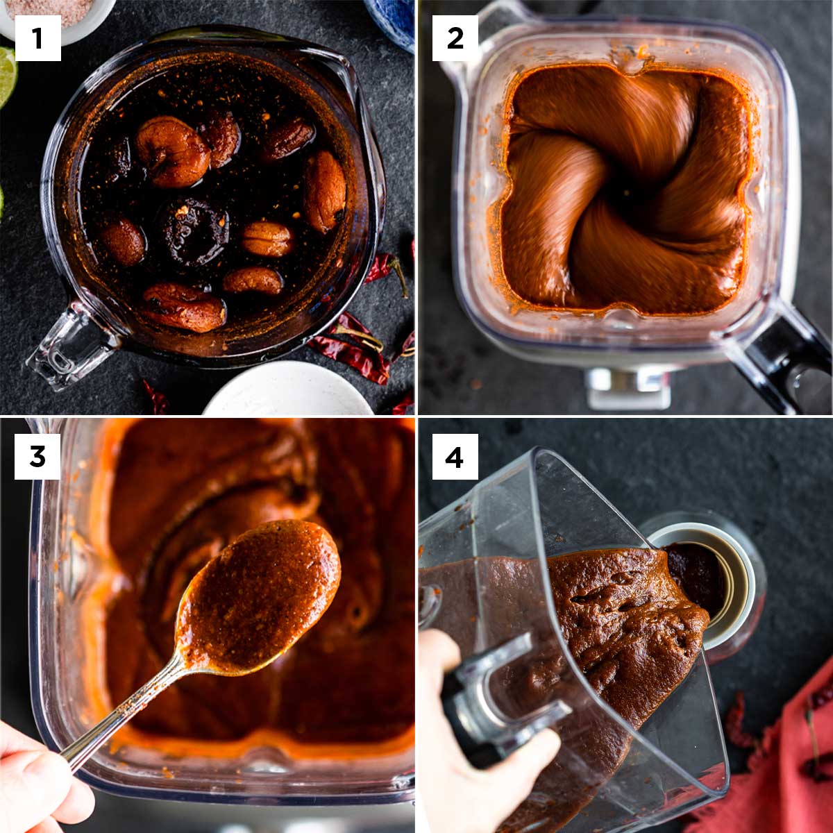 4 photos showing steps to chamoy including soaking ingredients, pureeing in blender until smooth and transferring to glass jar for storage