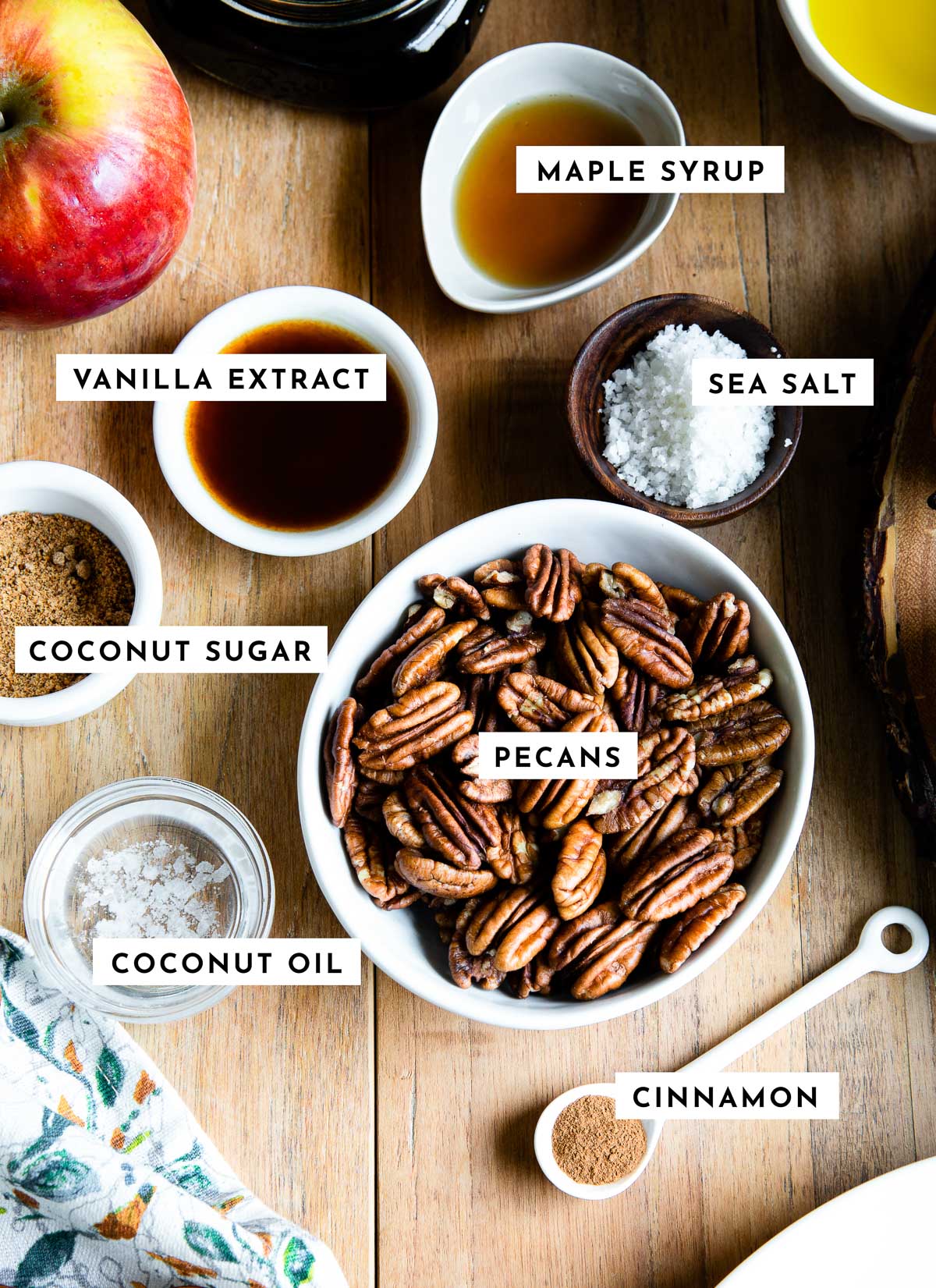 Labeled ingredients for making maple candied pecans