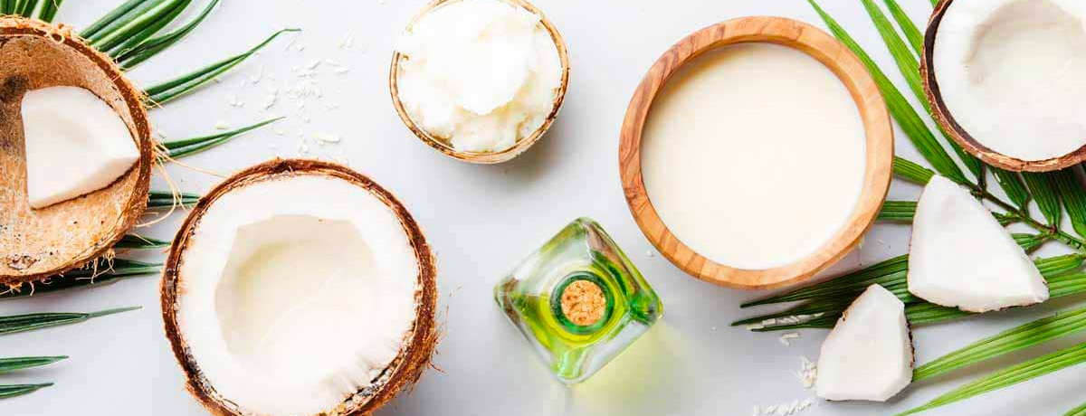 top down view of coconut oil in wooden bowls, a bottle of mct oil, and palm branches