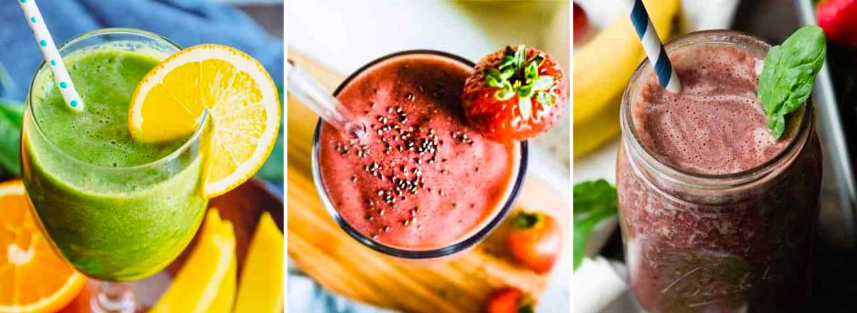 3 smoothies consistent with the mediterranean diet including a tropical smoothie, strawberry banana smoothie and berry smoothie.