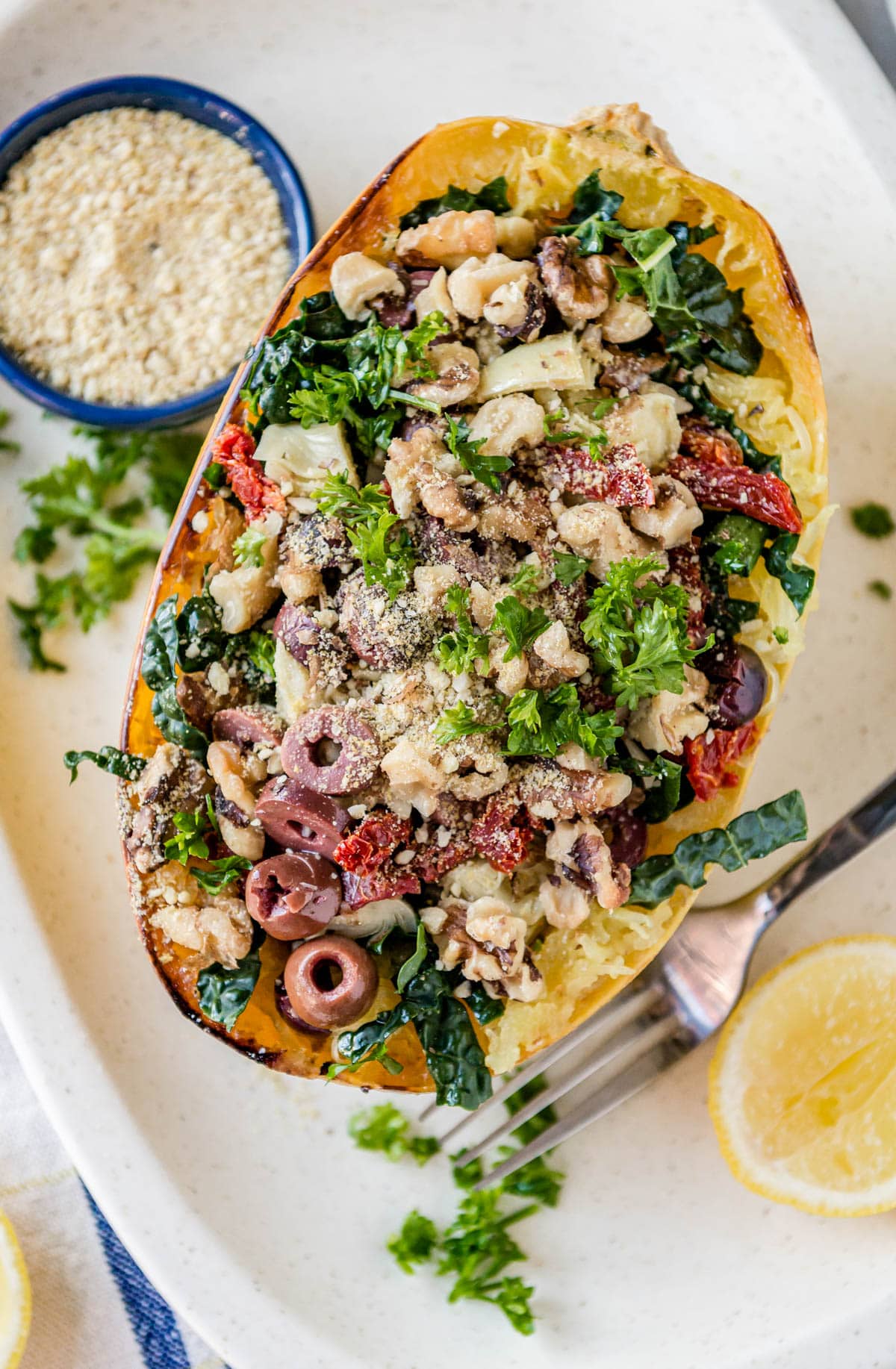 Mediterranean Diet Meal Plan including homemade spaghetti squash with veggies and nuts