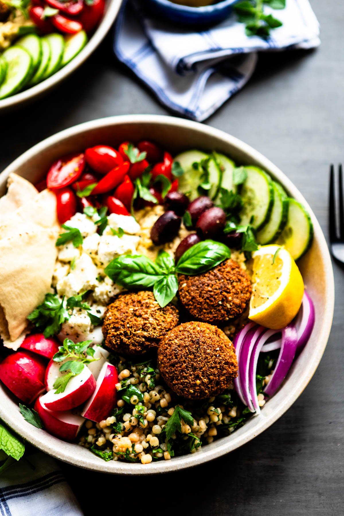 a bowl full of vegan falafel, couscous, red onion, radishes, pita, olives and other Mediterranean-inspired ingredients.