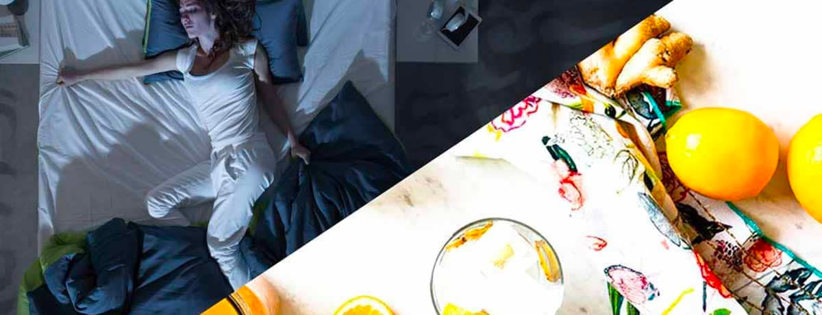 split image with a woman having a hard time sleeping on the left and a beverage with assorted fruits on the right