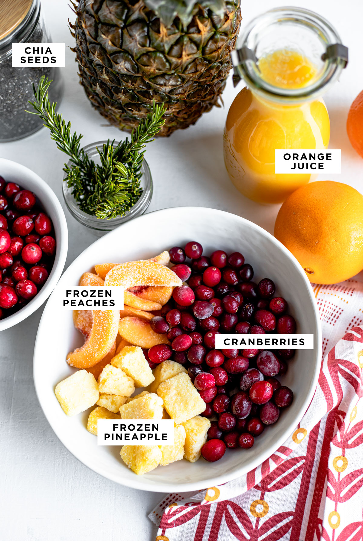 labeled ingredients for a cranberry smoothie including chia seeds, orange juice, frozen peaches, cranberries and frozen pineapple.