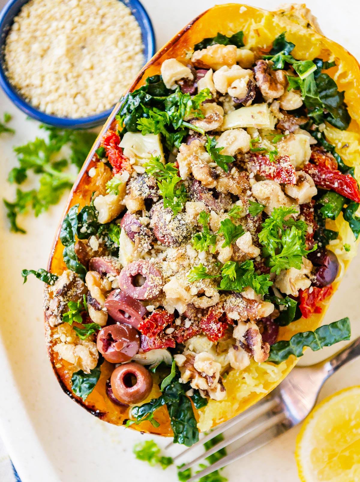 A bowl of healthy baked spaghetti squash 