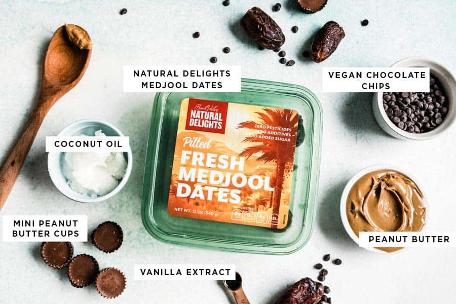 vegan fudge ingredients- vanilla, peanut butter, chocolate chips, coconut oil, dates