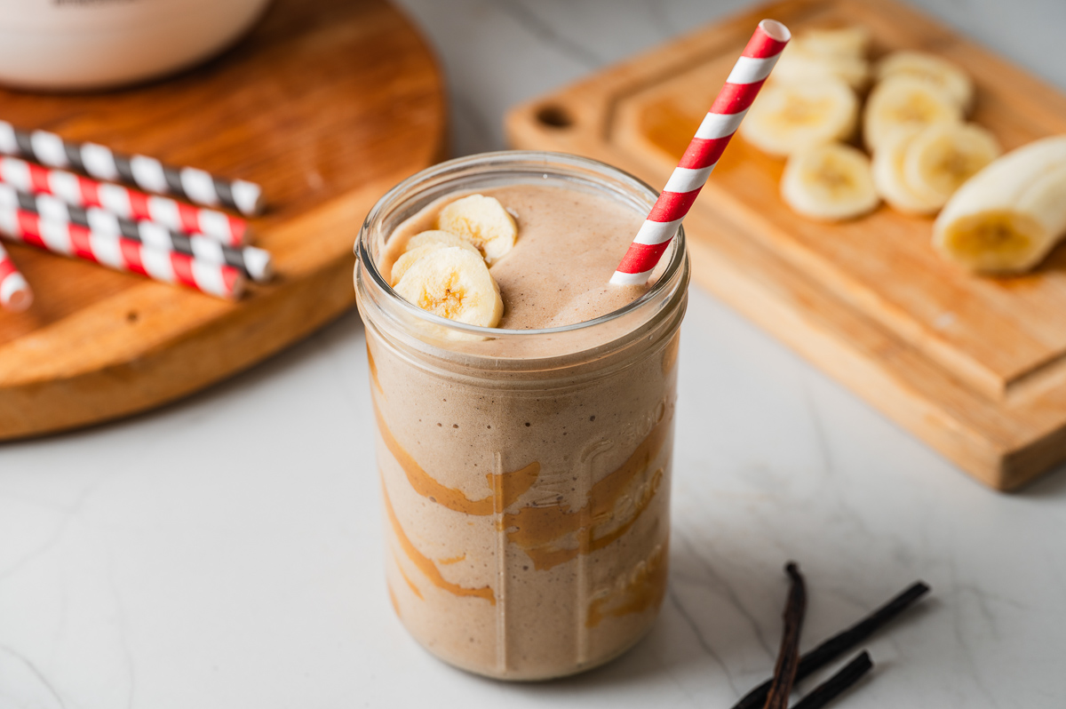 Peanut butter protein shake set out on the counter