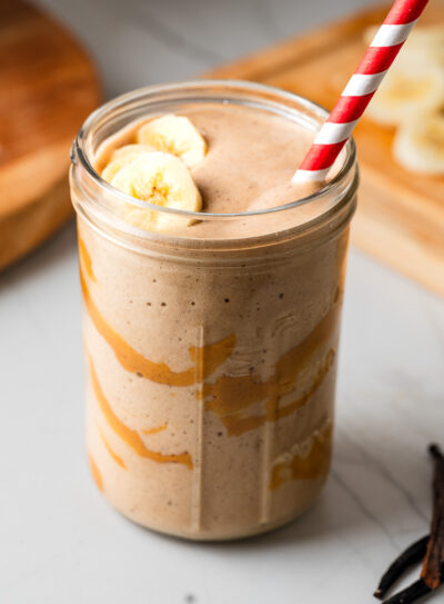 Peanut butter protein shake ready to sip