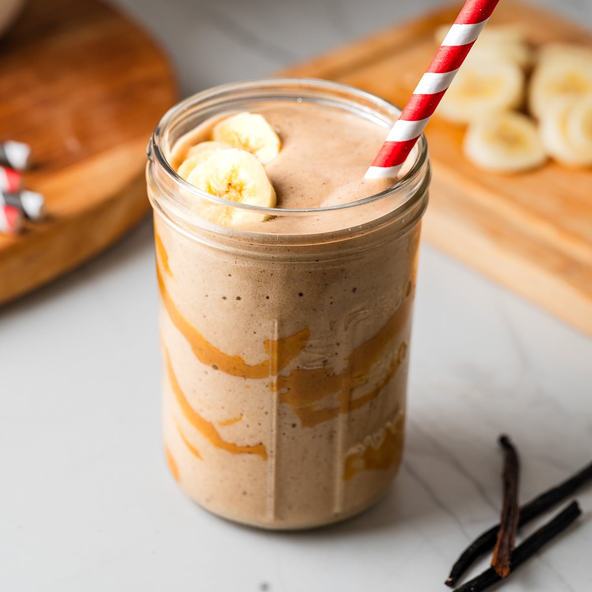 Peanut butter protein shake ready to sip