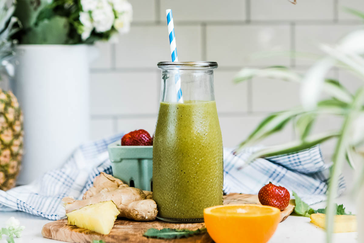 A pineapple ginger smoothie ready to drink. 