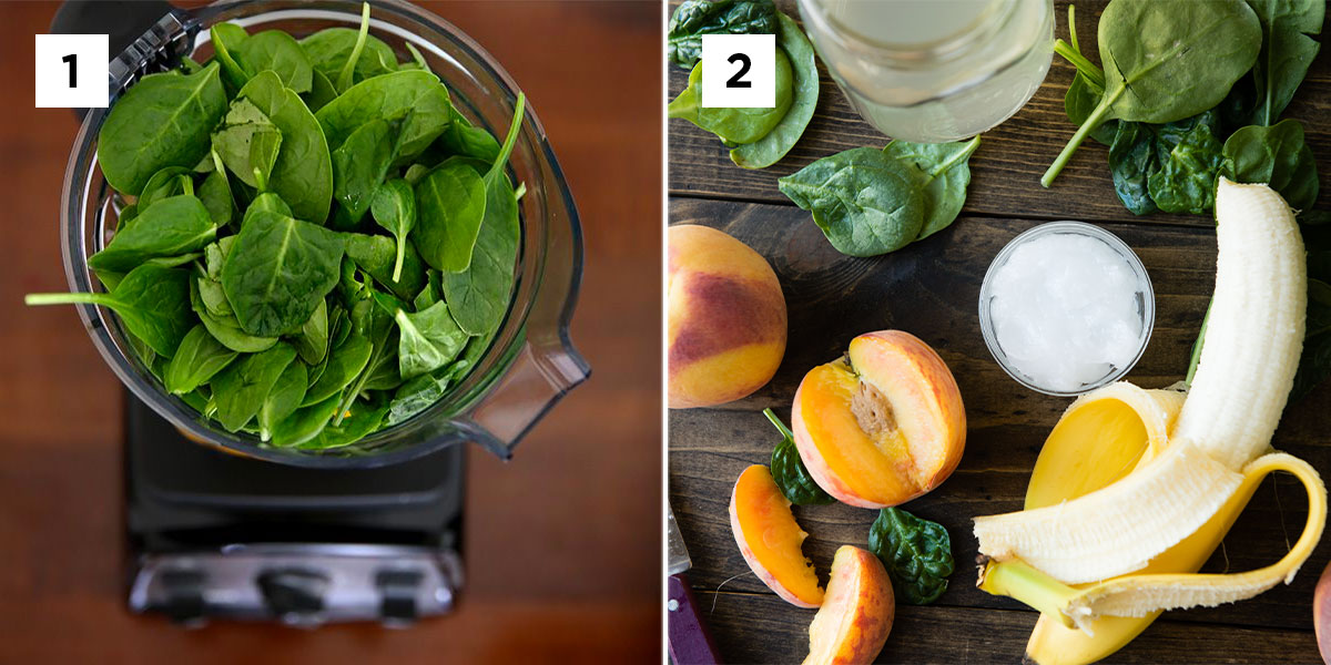 overhead photo of blender full of spinach next to a photo of fresh ingredients including peaches, coconut oil, bananas and spinach.