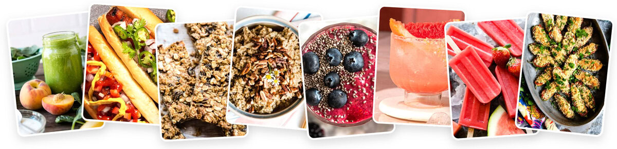 Assorted colorful plant-based smoothies and healthy snacks for a meal planner.