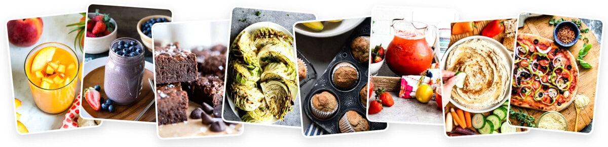 Colorful array of plant-based smoothies, snacks, and meals for healthy eating.