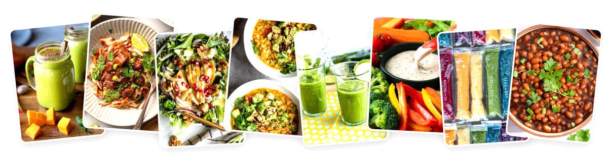 Colorful array of plant-based smoothies, salads, and healthy snacks for a vegan meal plan.