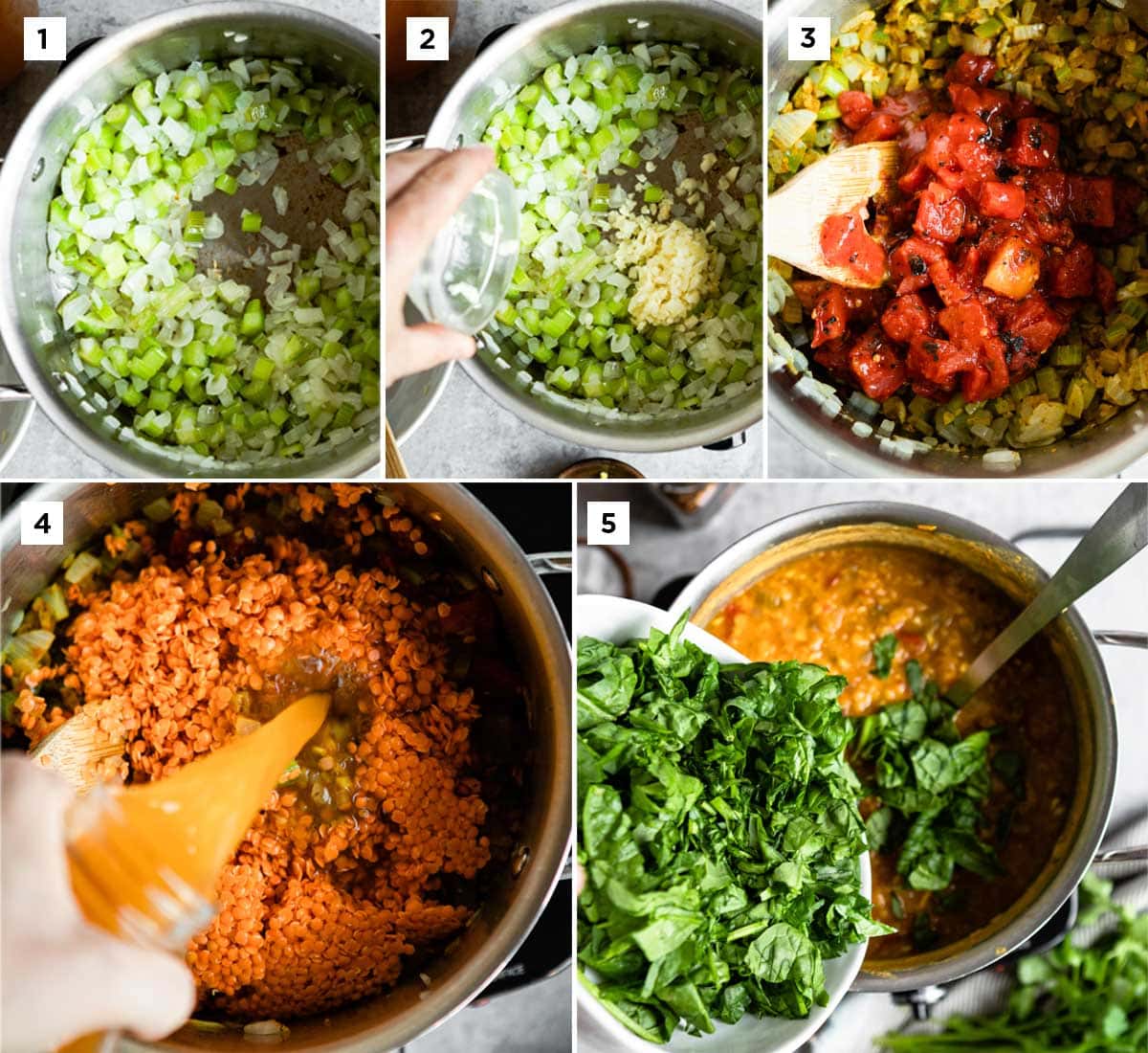 5 photos showing step by step instructions for making lentil soup: sauté, stir in remaining ingredients, add vegetable stock, then after the soup has simmered, add in spinach.