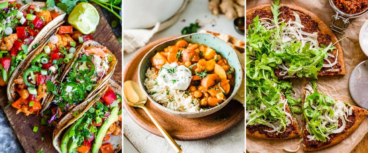 3 side by side photos of healthy recipes using plants including cauliflower tacos, potato curry and quinoa crust pizza.