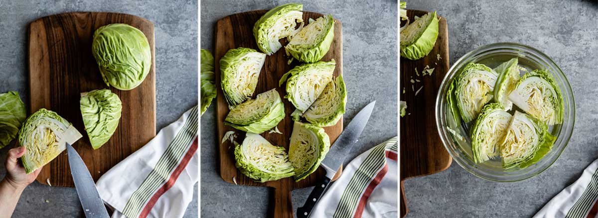 chopping a head of cabbage into wedges on a wooden cutting board, then adding them to a glass bowl of water.